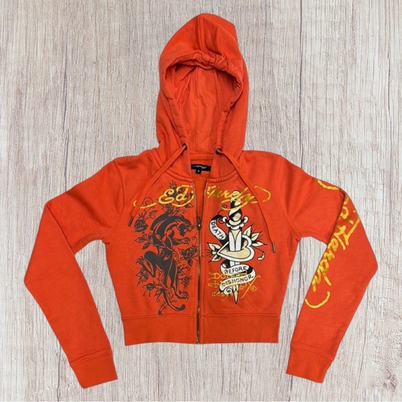 Ed Hardy Y2K Hoodie Double Sided Graphics Death Before Dishonor Crop Top Hoodie - Picture 3 of 12